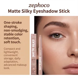Macro view of zephoco matte silky eyeshadow stick in skin tone with model eye makeup look