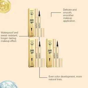 Gold liquid eyeliner set featuring black and brown shades with waterproof formula details.