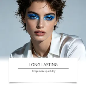 Macro detail showing vibrant blue glitter mascara on model for long-lasting eye makeup