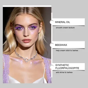 Detailed view of purple glitter mascara effect with listed ingredients for eye makeup