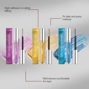 Macro view of Zephoco shimmering mascara in purple, gold, and blue with glitter swatches.