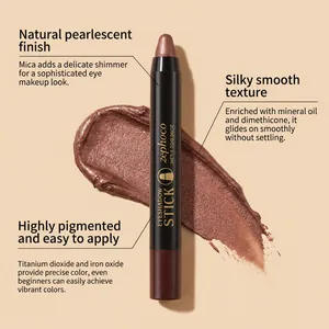 Detail view of zephoco eyeshadow stick with shimmering brown swatch on beige background
