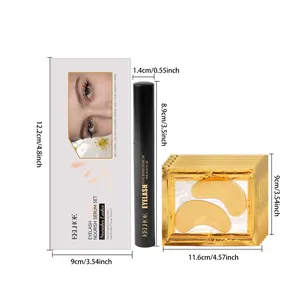 Maße des EELHOE Wimpernserum-Sets mit Serumflasche und goldenen Augenmasken-Patches.