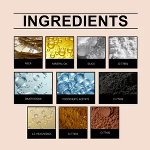 Macro view showing ingredients of the brown eyeshadow stick like Mica and Vitamin E.