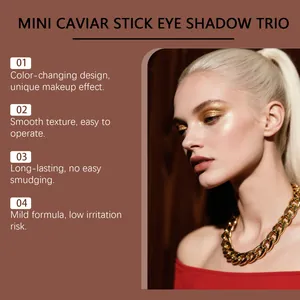 Modelo mostrando maquillaje de ojos dorado brillante del trío de sombras en crema