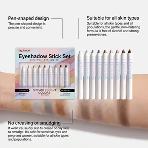 Detailansicht des zephoco 9-Farben-Lidschattenstift-Sets mit Arm-Swatches und Funktionen
