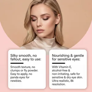 Professional close-up of smooth eyeshadow makeup on model with detailed product benefit cards