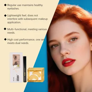 Professionelles EELHOE Wimpernserum-Set mit goldenen Augenmasken und Modelldarstellung