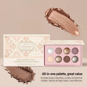 Detail view of Zephoco shimmer eyeshadow palette with 8 earth tone shades
