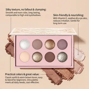 Detail showing 8 earth-tone eyeshadow shades and their silky, blendable texture