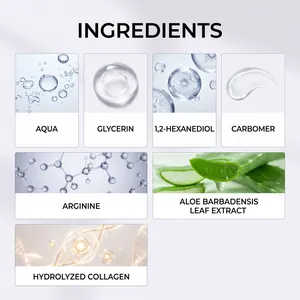 Detalle de ingredientes del gel para ojos: aloe vera, colágeno y glicerina pura.