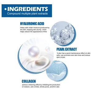 Dettaglio ingredienti maschera occhi: collagene, acido ialuronico ed estratto di perla.