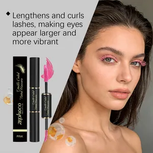 Detail of double-ended pink mascara showing curling effect on a model's lashes.