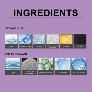 Detail view of the ingredient list for waterproof eyelash glue and sealant product