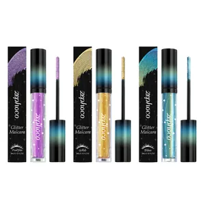 Detailed view of zephoco glitter mascara colors in purple, gold, and blue shades