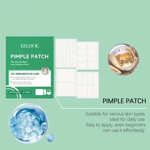 Detalle de los parches para granos EELHOE en varias formas para el cuidado facial.