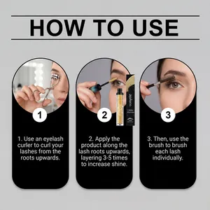 Detailed three-step instruction guide for applying gold glitter mascara properly