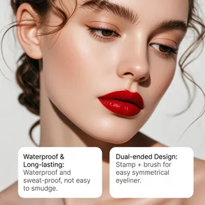 Beautifully applied eyeliner shown with waterproof and dual-ended stamp pen specs