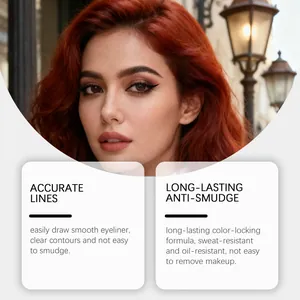 Close-up showing smooth eyeliner and smudge-proof features of stamp pen.