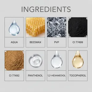 Detailed ingredient infographic showing beeswax and vitamin E for waterproof curling mascara