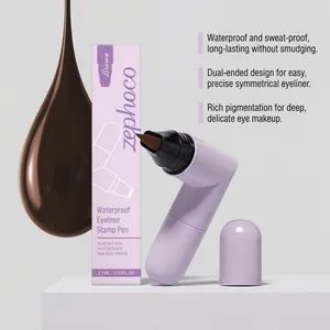 Detailed view of Zephoco brown dual-ended eyeliner stamp pen and its lilac packaging box.