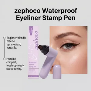 Close-up of waterproof brown eyeliner stamp pen showing winged eye effect and packaging.