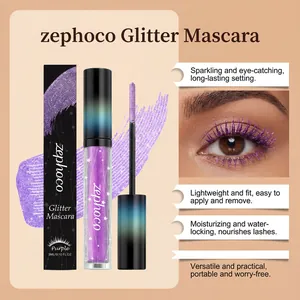 Detail view of purple glitter mascara showing applicator wand and shimmering lash effect