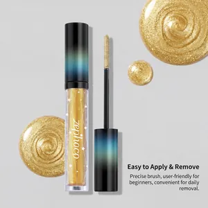 Detail view of Zephoco gold glitter mascara with precise applicator brush and swatches