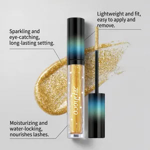 Detail showing Zephoco gold glitter mascara's sparkling texture and precise wand