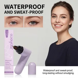 Close-up of brown waterproof eyeliner stamp pen with professional eye makeup result