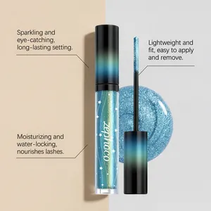 Detailansicht der blauen Glitzer-Mascara mit funkelnder Textur und Applikatorbürste.