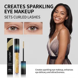 Detail view of zephoco gold glitter mascara with curled lashes effect and model