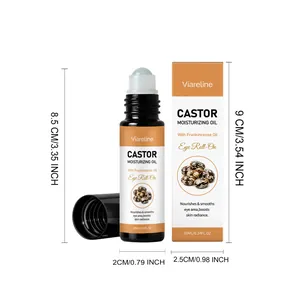 Vista detallada del roll-on de ojos de ricino Viareline con dimensiones y estuche.