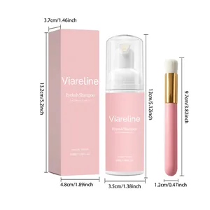 Dimensions détaillées du kit shampoing cils Viareline avec flacon, boîte et pinceau.