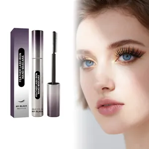 Detail of feather lash iron wand mascara with lengthening effect on model's eyes