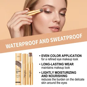 Waterproof dual-color eyeshadow stick for long-lasting pearly earth tone eye makeup.