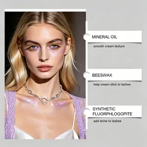 Macro-opname van gouden glittermascara met details over ingrediënten in het Engels