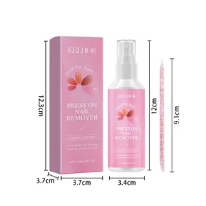 Detailed dimensions of EELHOE 60ml Press On Nail Remover bottle and box with tool
