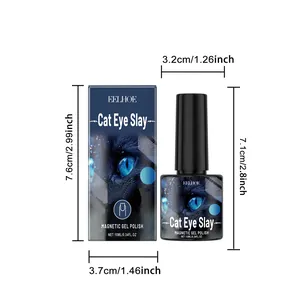 Detailed view showing dimensions of EELHOE blue cat-eye magnetic gel polish bottle and box