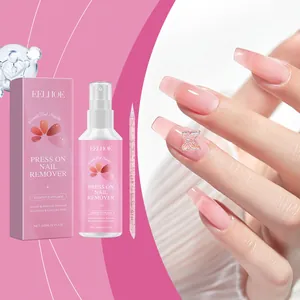 EELHOE Press-on nail remover spray and box with manicured pink nails demonstration