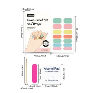 Detailed size specifications for semi-cured gel nail wrap kit including tools and alcohol pad