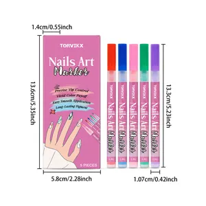 Juego de 5 rotuladores de uñas TORVIKX de colores con dimensiones detalladas del producto