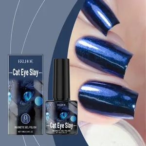 Detailed view of blue black cat eye magnetic gel polish with shiny finish effect