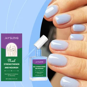 Detail van JAYSUING blauwe nagelversterker fles en penseel met lichtblauwe glans