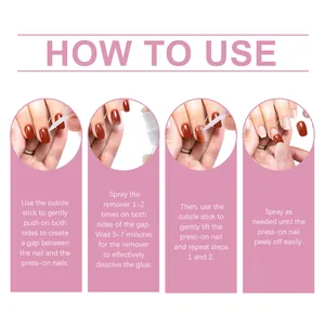 Step-by-step instructions showing how to use the nail glue remover spray
