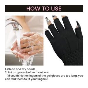 Step-by-step instructional guide showing how to use black UV protection manicure gloves
