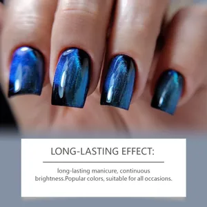 Close-up detail of shimmering blue black cat-eye magnetic nail polish on square nails