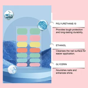 Nail stickers ingredient details showing polyurethane-10, ethanol, and glycerin benefits