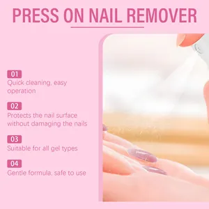 Detail shot showing gentle press-on nail remover spray applied to manicured fingernails.