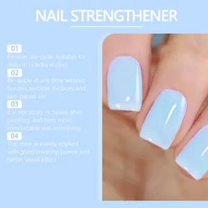Close-up view of light blue nourishing nail strengthener liquid with a glossy finish
